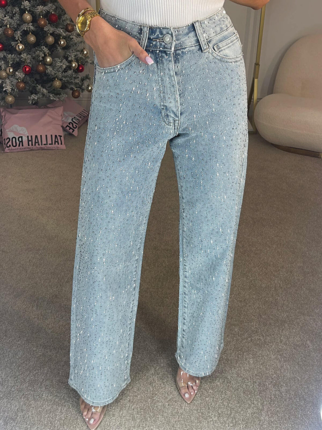 Damesjeans Hoge Taille met Glinsterende Details 4