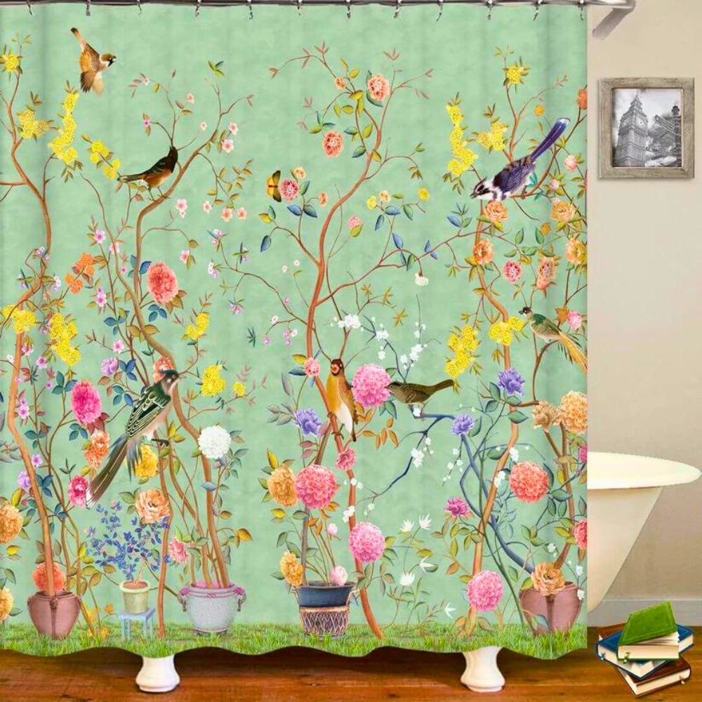 Douchegordijn met Bloemen- en Vogelprint voor Badkamer 0