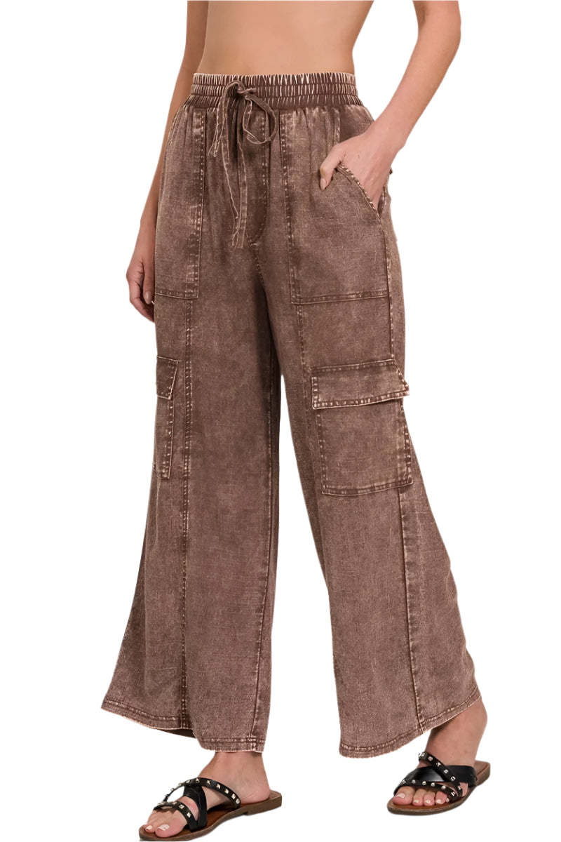 Heren Cargo Broek Met Elastische Tailleband Van Gewassen Linnen 0