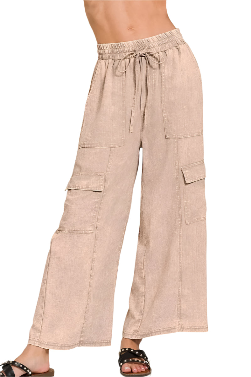 Heren Cargo Broek van Gewassen Linnen met Elastische Tailleband 0