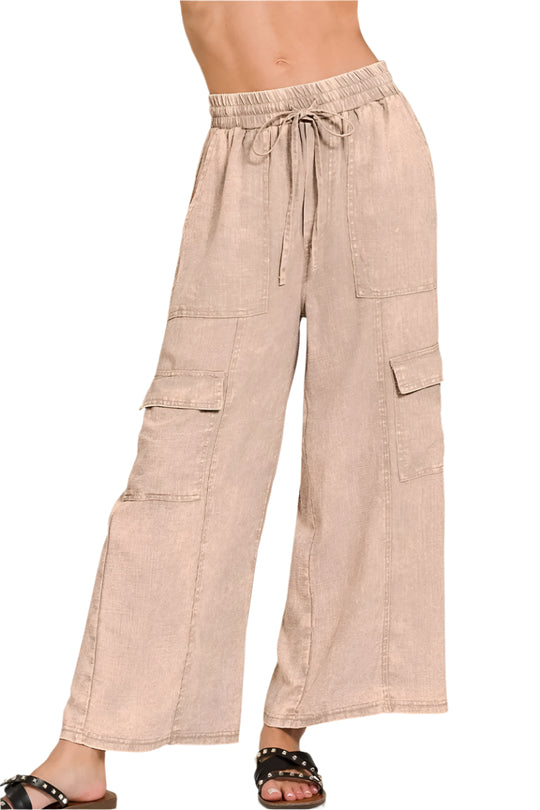 Heren Cargo Broek van Gewassen Linnen met Elastische Tailleband 0