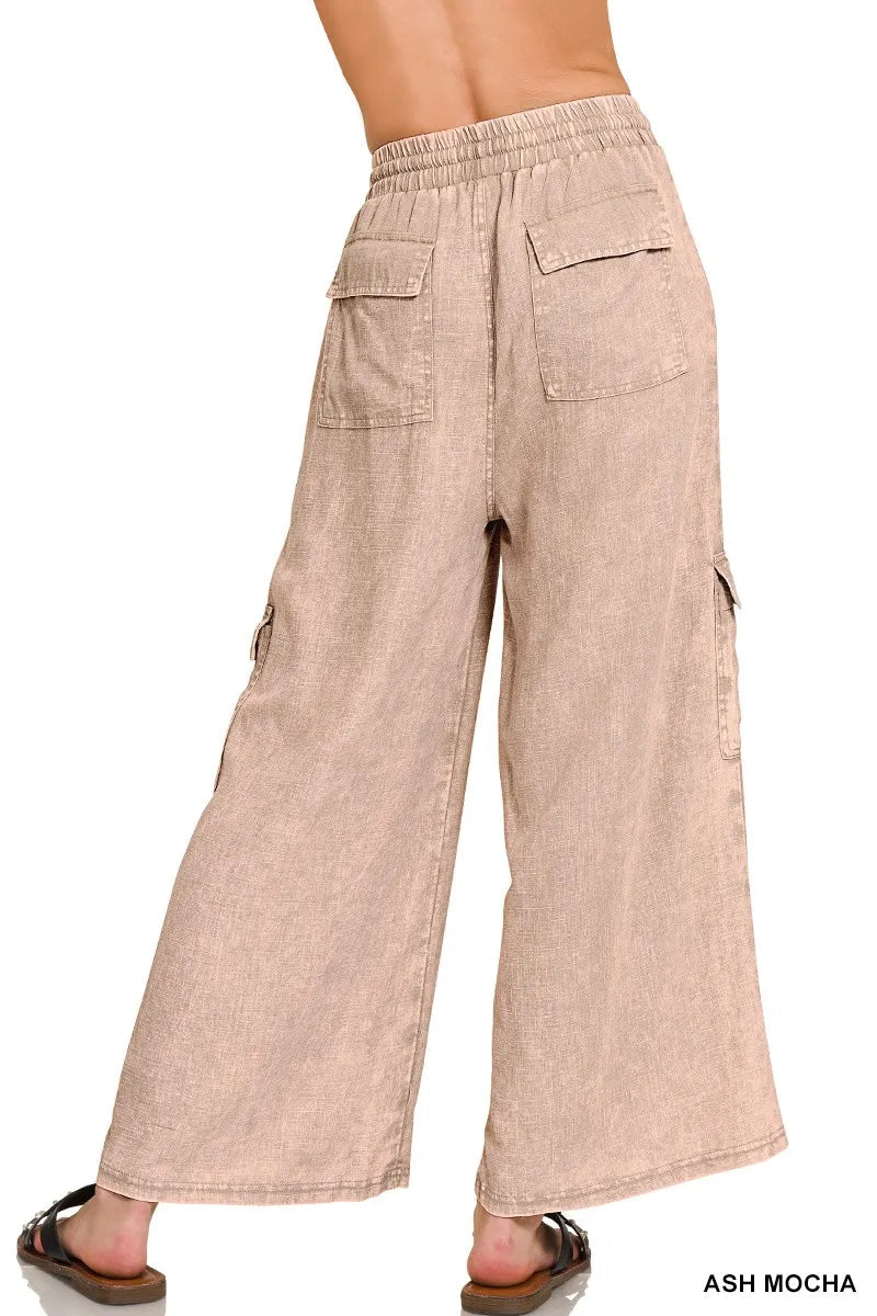 Heren Cargo Broek van Gewassen Linnen met Elastische Tailleband 1