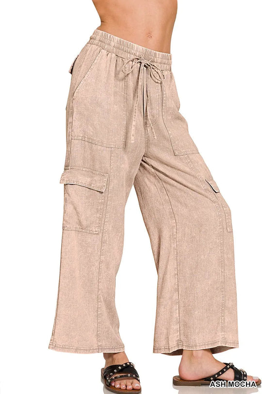 Heren Cargo Broek van Gewassen Linnen met Elastische Tailleband 3