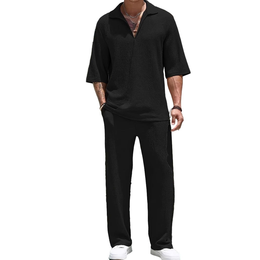 Heren Casual Set – Lichtgewicht Stof – Relaxed Fit – Half-Zip Shirt & Broek 0