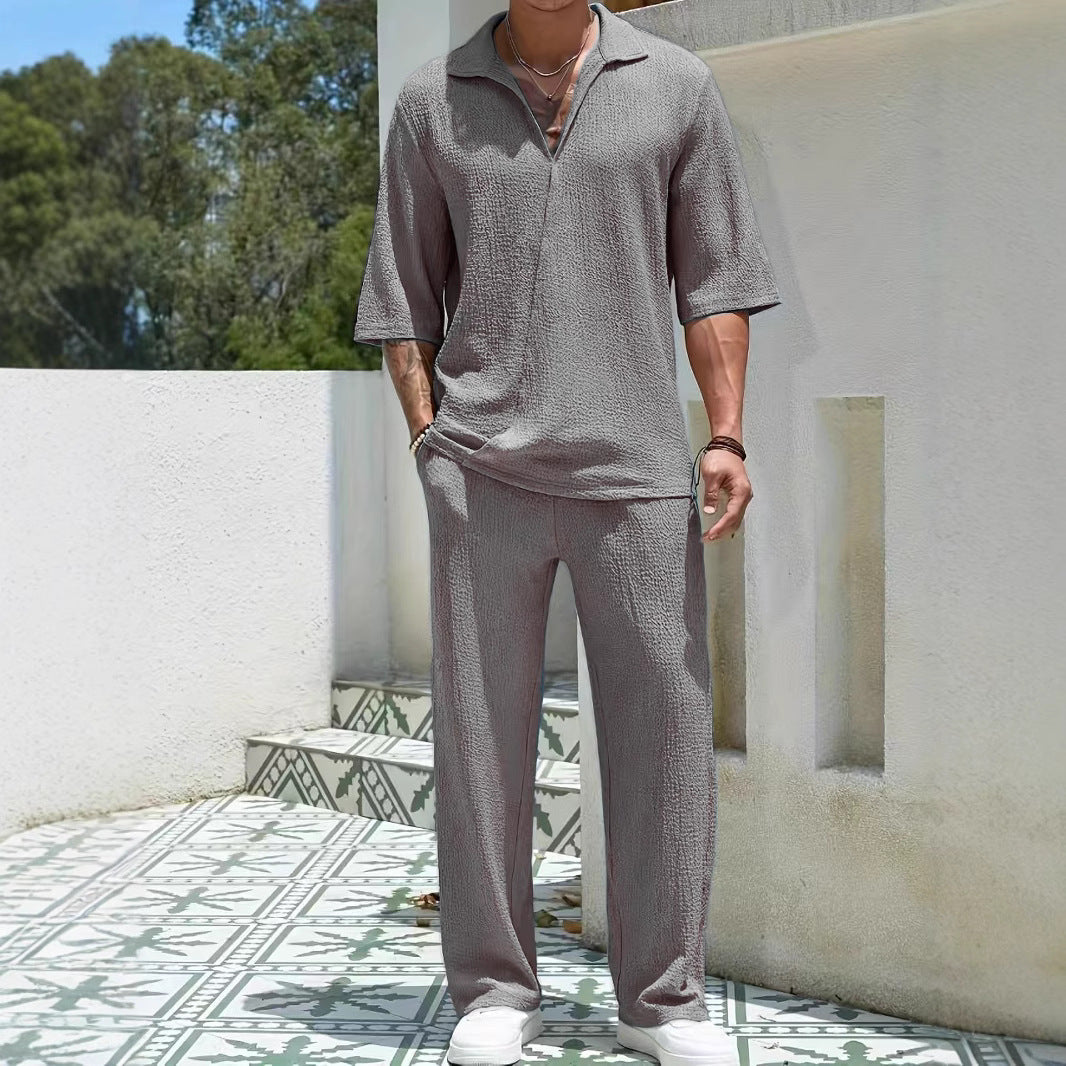Heren Casual Set – Lichtgewicht Stof – Relaxed Fit – Half-Zip Shirt & Broek 1