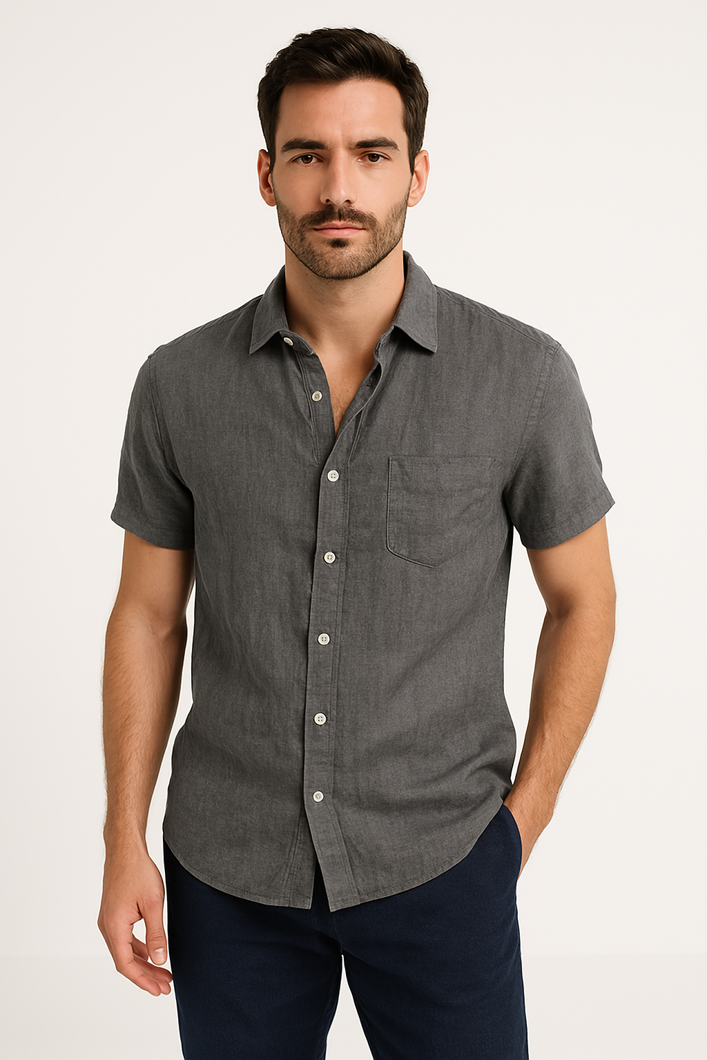 Heren Casual Shirt Korte Mouwen Met Button-Down Kraag 3