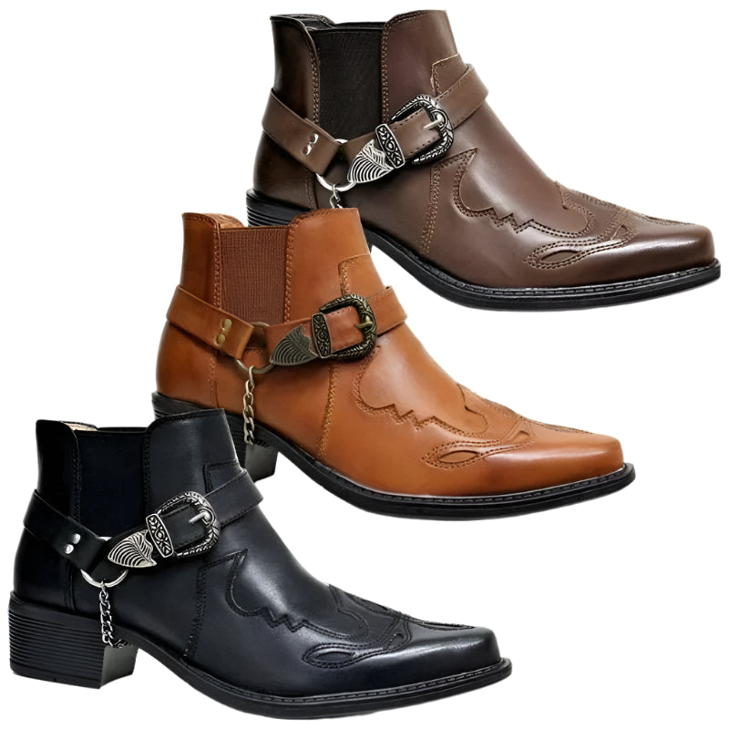 Heren Cowboylaarzen Hoog Vintage Leer met Gesp en Ketting 0