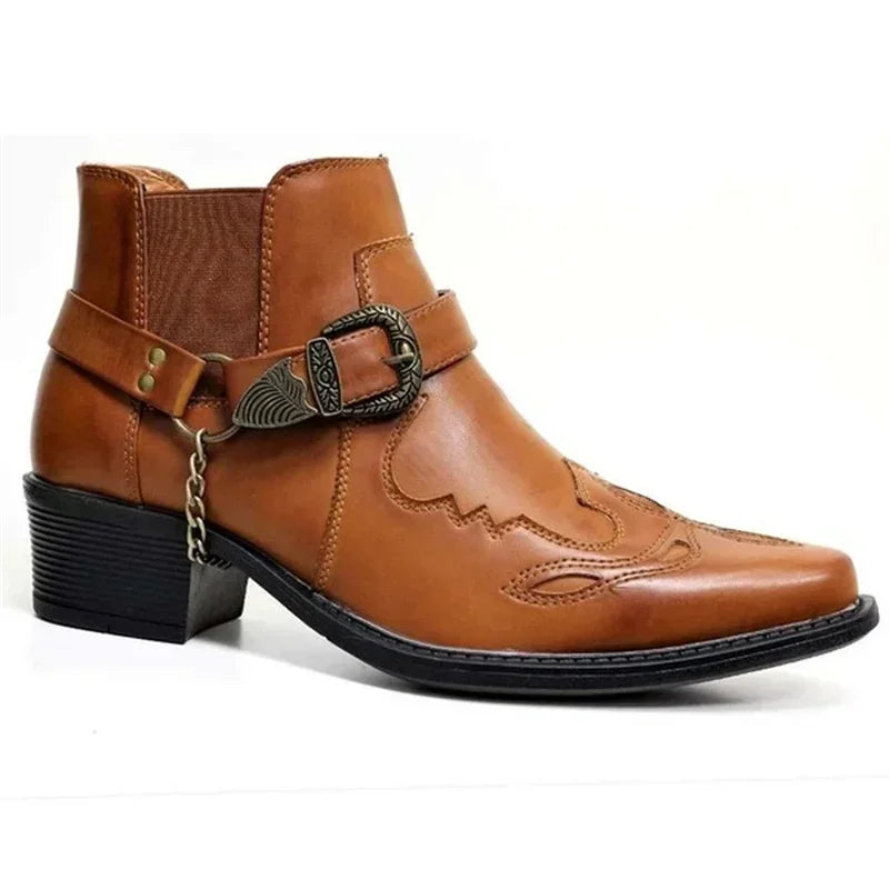 Heren Cowboylaarzen Hoog Vintage Leer met Gesp en Ketting 1