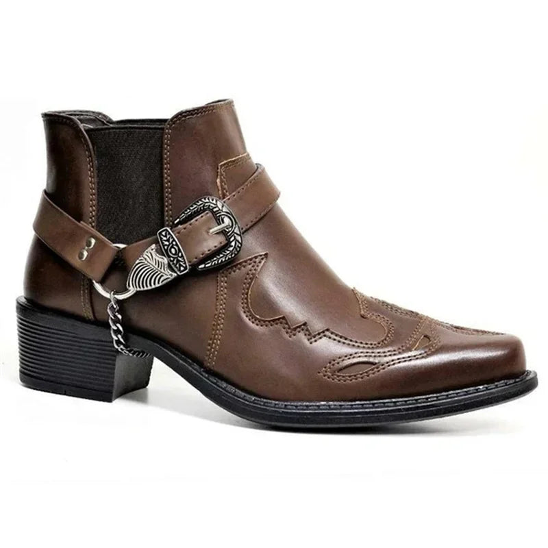 Heren Cowboylaarzen Hoog Vintage Leer met Gesp en Ketting 2