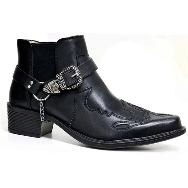 Heren Cowboylaarzen Hoog Vintage Leer met Gesp en Ketting 3