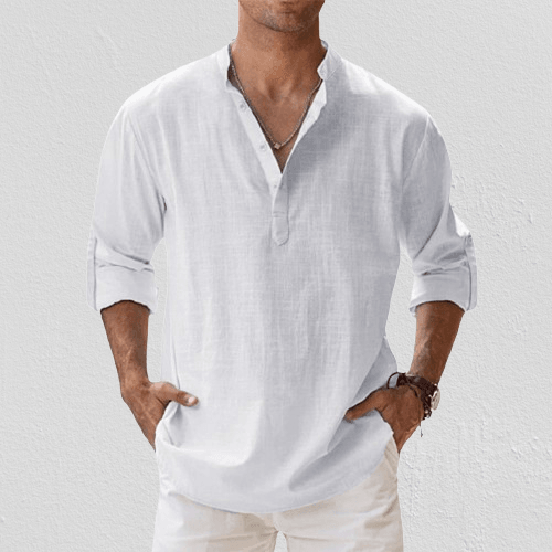 Heren Henley Shirt Lange Mouwen Linnenmix Casual 2