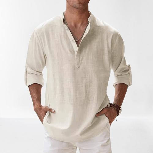 Heren Henley Shirt Lange Mouwen Linnenmix Casual 4