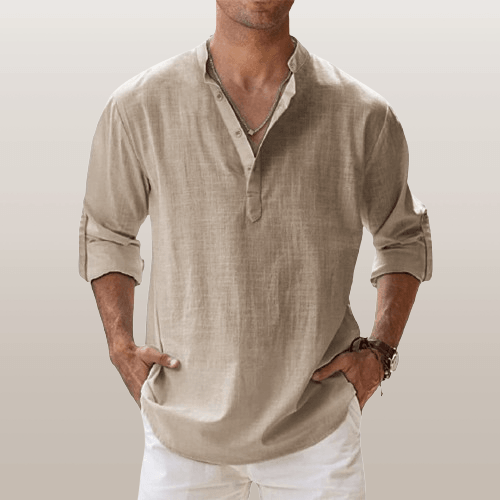 Heren Henley Shirt Lange Mouwen Linnenmix Casual 5