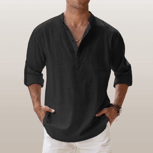 Heren Henley Shirt Lange Mouwen Linnenmix Casual 7