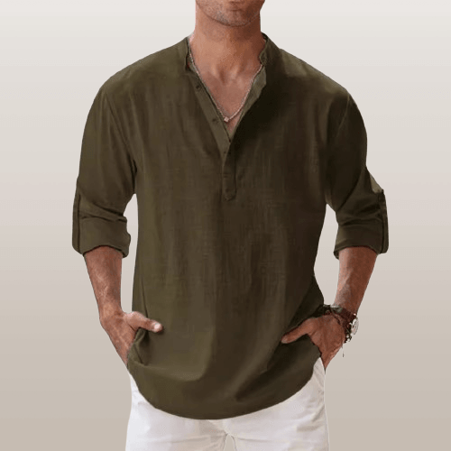 Heren Henley Shirt Lange Mouwen Linnenmix Casual 8