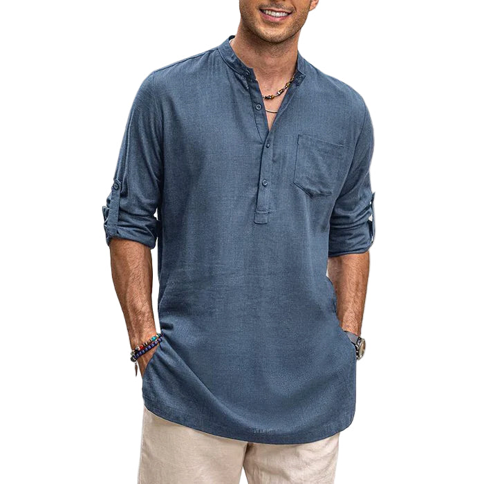 Heren Henley Shirt Lange Mouwen Rol-Up Casual Katoen 0