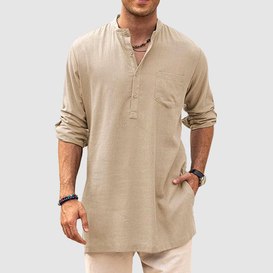 Heren Henley Shirt Lange Mouwen Rol-Up Casual Katoen 1