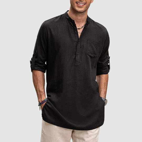 Heren Henley Shirt Lange Mouwen Rol-Up Casual Katoen 2