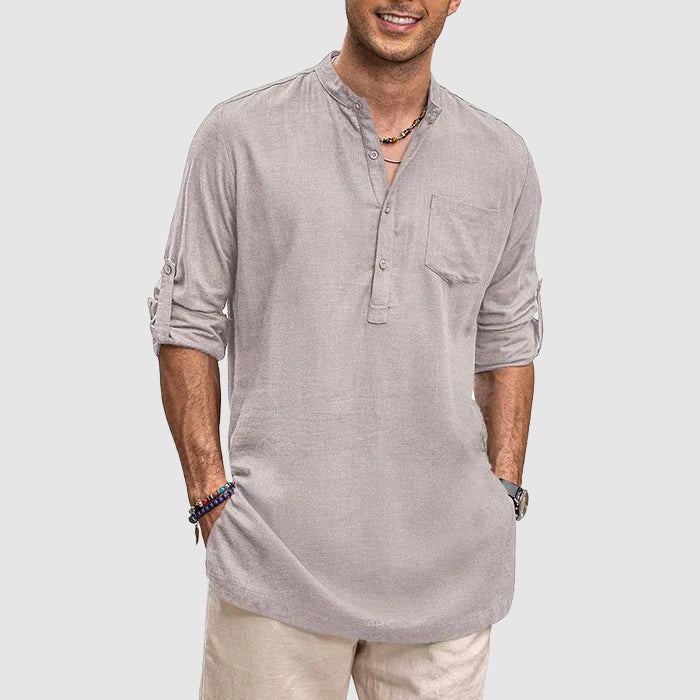 Heren Henley Shirt Lange Mouwen Rol-Up Casual Katoen 5