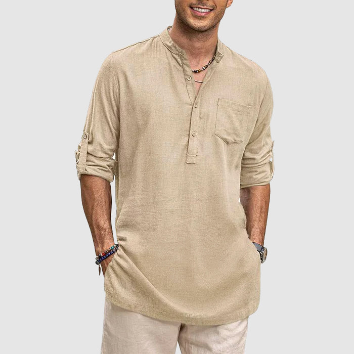 Heren Henley Shirt Lange Mouwen Rol-Up Casual Katoen 6