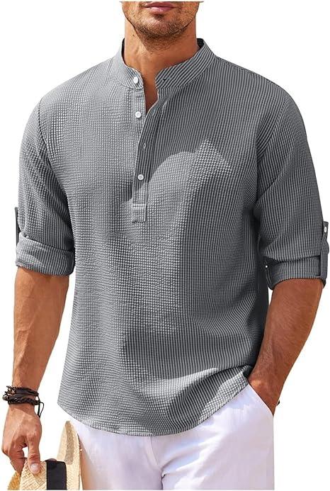 Heren Henley Shirt Lange Mouwen Rol-Up Stijl Ademend 0