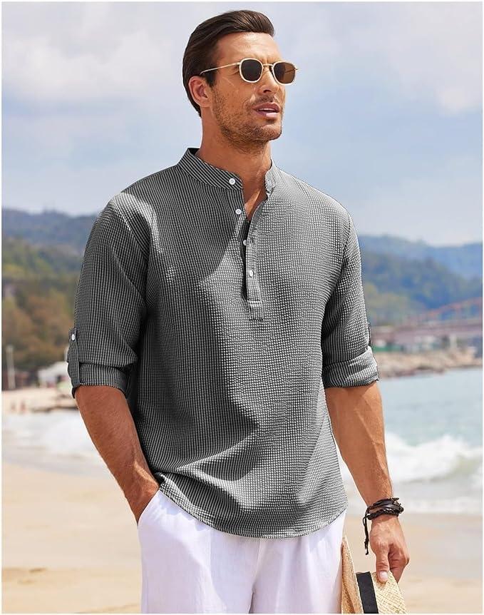 Heren Henley Shirt Lange Mouwen Rol-Up Stijl Ademend 1