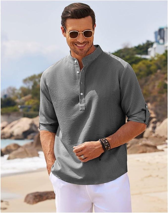 Heren Henley Shirt Lange Mouwen Rol-Up Stijl Ademend 3