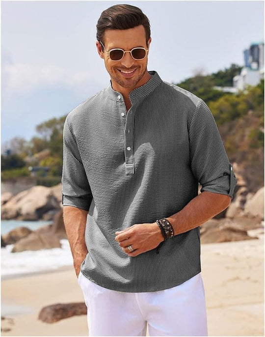 Heren Henley Shirt Lange Mouwen Rol-Up Stijl Ademend 3