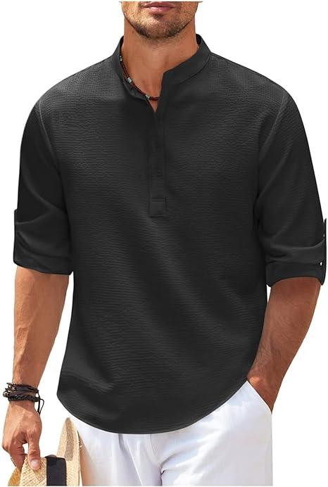 Heren Henley Shirt Lange Mouwen Rol-Up Stijl Ademend 5