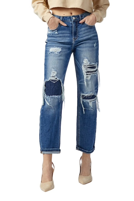 Heren Hoge Taille Rechte Jeans Donker 0
