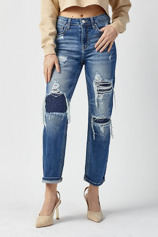 Heren Hoge Taille Rechte Jeans Donker 1