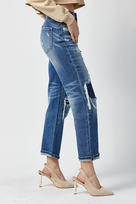 Heren Hoge Taille Rechte Jeans Donker 2