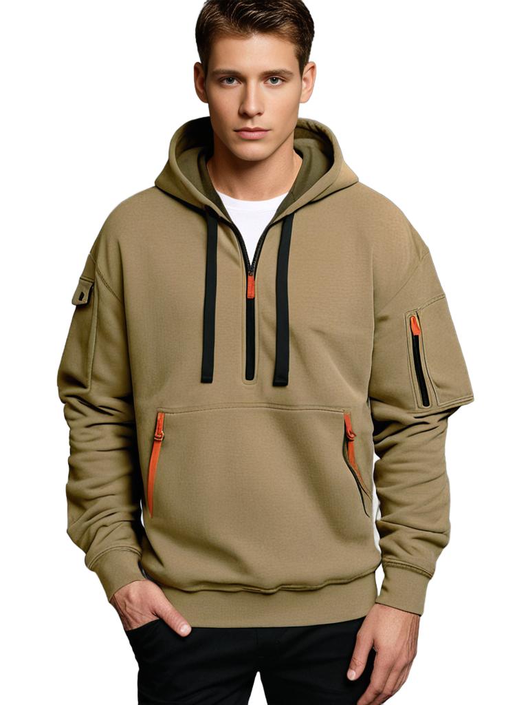 Heren Hoodie Half Zip met Utility Ritsdetails voor Casual Stijl 0