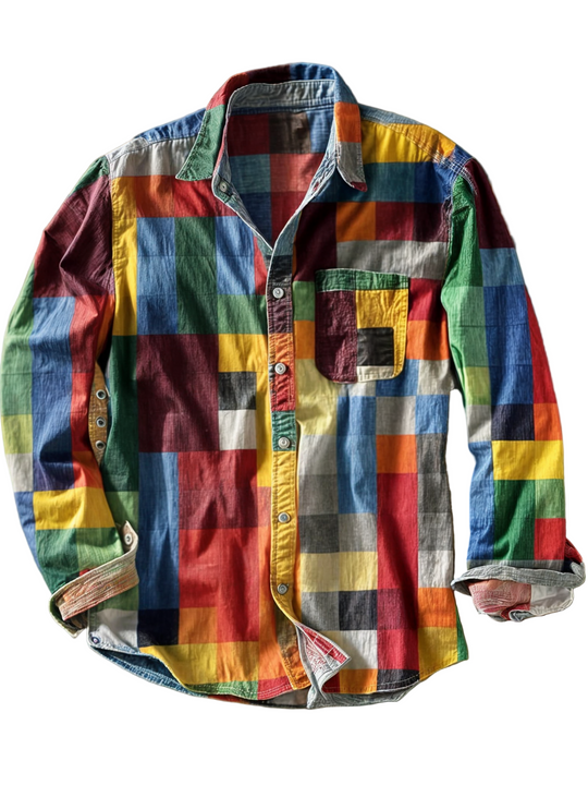 Heren Lange Mouwen Patchwork Overhemd met Knopen 0