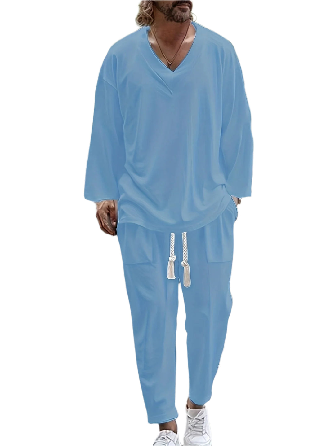 Heren Loungewear Set V-Hals Lange Mouwen Top en Ontspannen Pasvorm Broek met Zakken 0