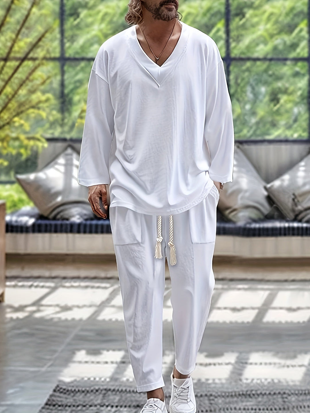 Heren Loungewear Set V-Hals Lange Mouwen Top en Ontspannen Pasvorm Broek met Zakken 1