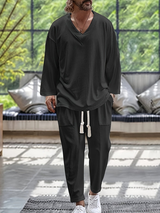Heren Loungewear Set V-Hals Lange Mouwen Top en Ontspannen Pasvorm Broek met Zakken 3