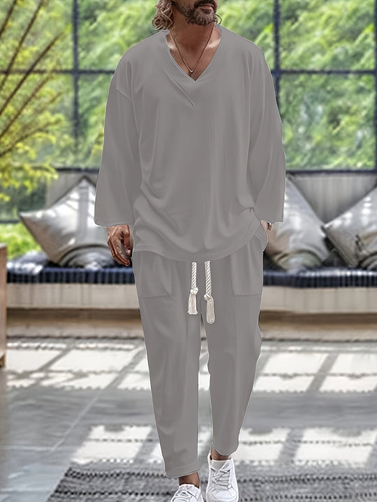 Heren Loungewear Set V-Hals Lange Mouwen Top en Ontspannen Pasvorm Broek met Zakken 5
