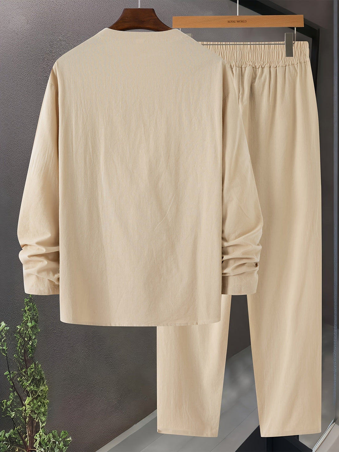 Heren Loungewear Set V-Hals Lange Mouwen Top en Ontspannen Pasvorm Broek met Zakken 6