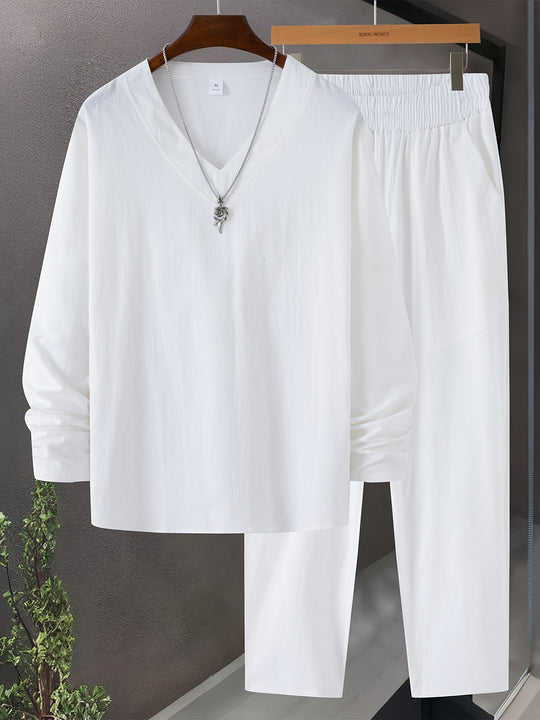 Heren Loungewear Set V-Hals Lange Mouwen Top en Ontspannen Pasvorm Broek met Zakken 7