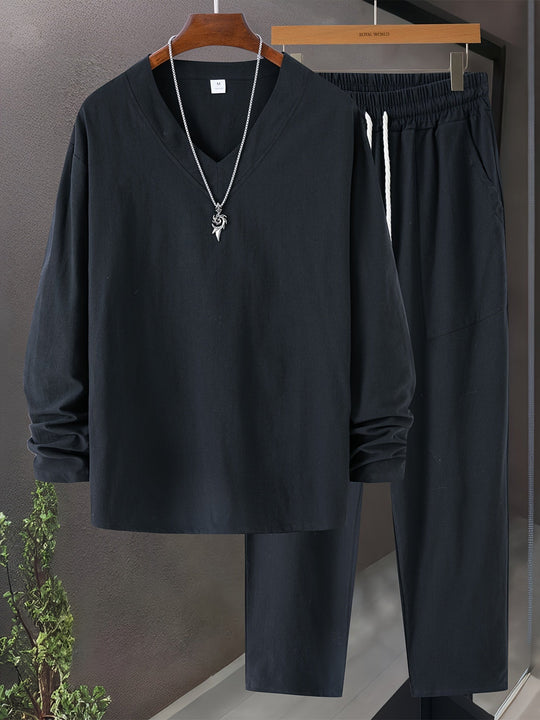 Heren Loungewear Set V-Hals Lange Mouwen Top en Ontspannen Pasvorm Broek met Zakken 8