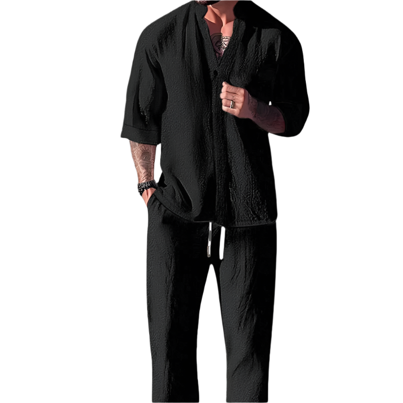 Heren Loungewear Set V-hals Lange Mouwen Katoen Linnen Mix 1