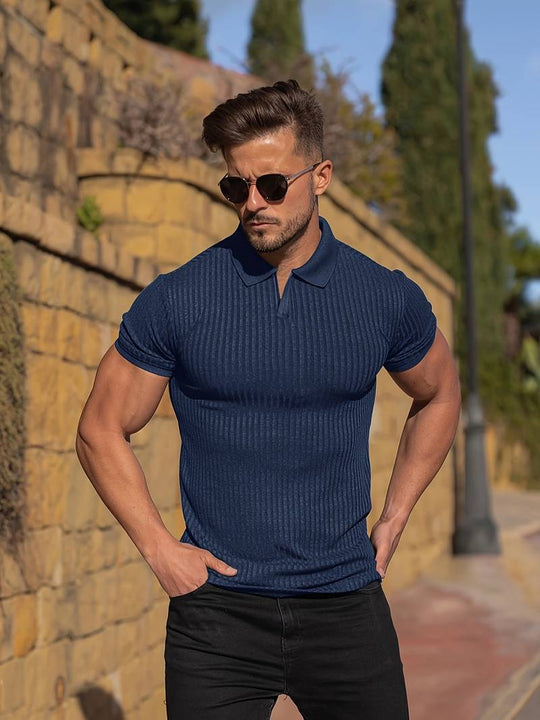 Heren Polo Shirt Muscle Fit Ribbed Soft Knit 3