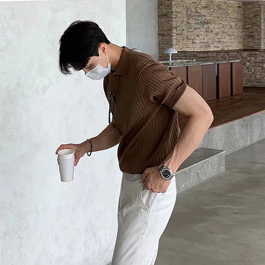 Heren Polo Shirt Slim Fit Ribbed Knit Korte Mouwen 2