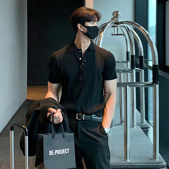 Heren Polo Shirt Slim Fit Ribbed Knit Korte Mouwen 3
