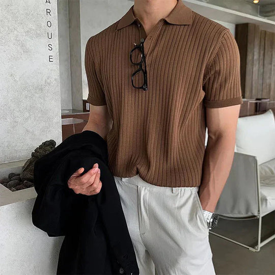 Heren Polo Shirt Slim Fit Ribbed Knit Korte Mouwen 4