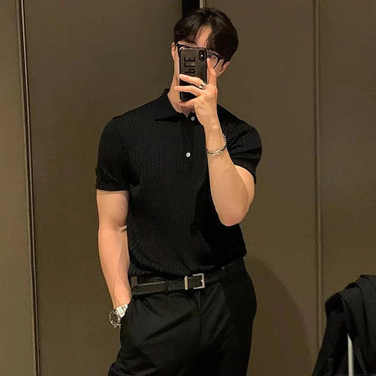 Heren Polo Shirt Slim Fit Ribbed Knit Korte Mouwen 5