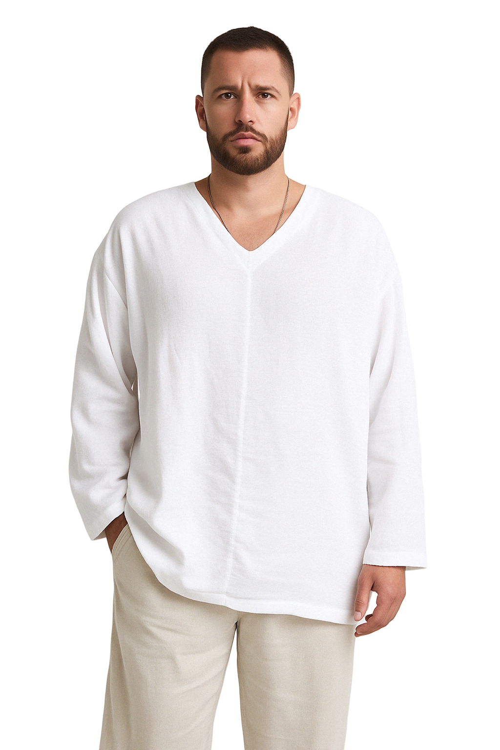 Heren Shirt Linnen V-Hals Lange Mouwen Relaxed Fit 0