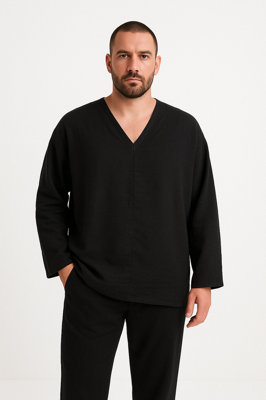 Heren Shirt Linnen V-Hals Lange Mouwen Relaxed Fit 1