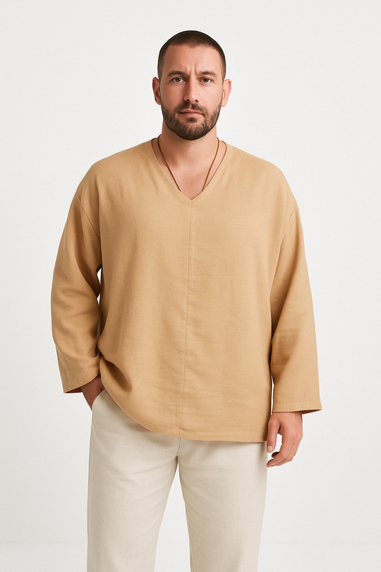 Heren Shirt Linnen V-Hals Lange Mouwen Relaxed Fit 2
